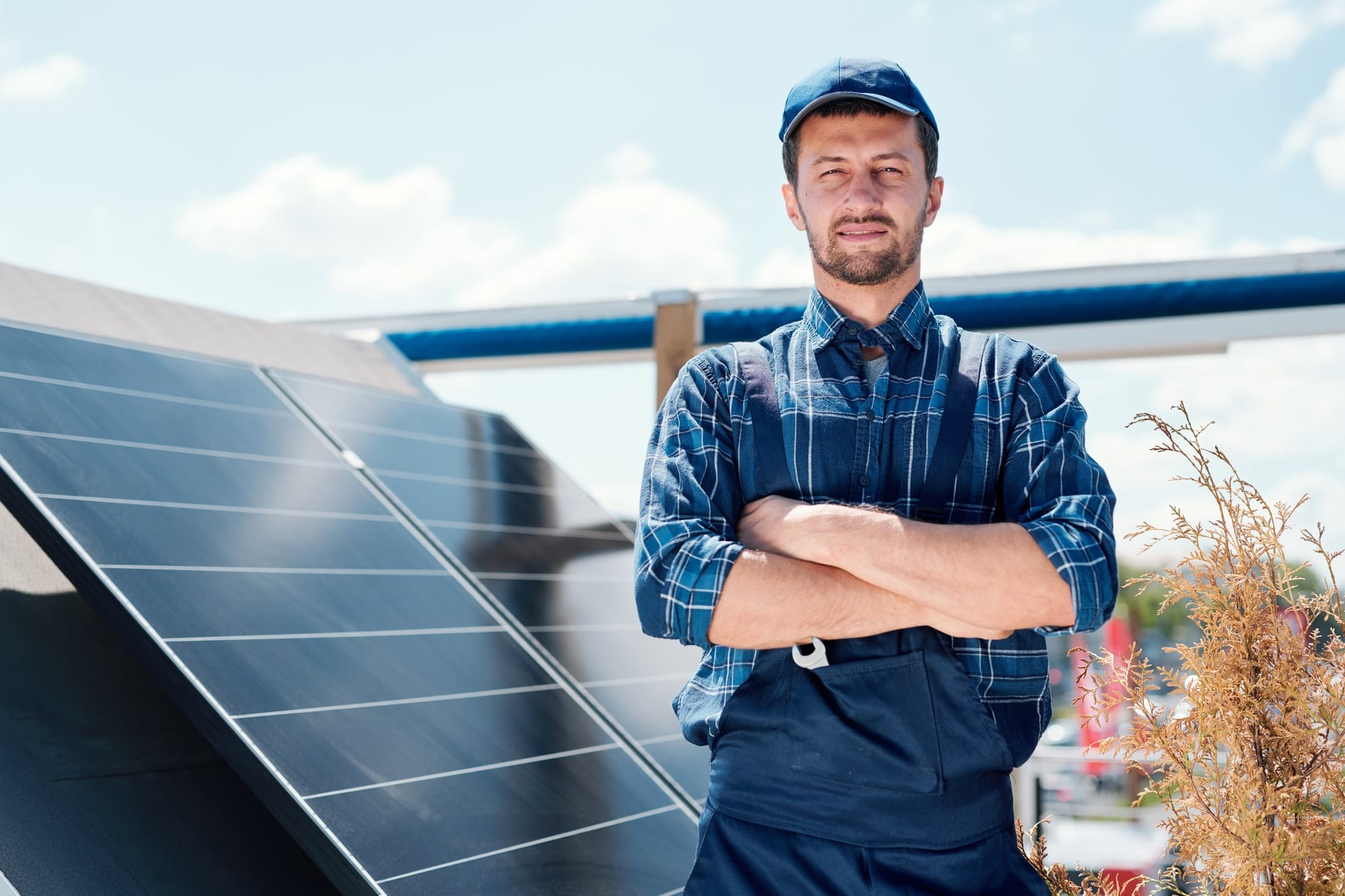 Young successful master of solar panel servicing