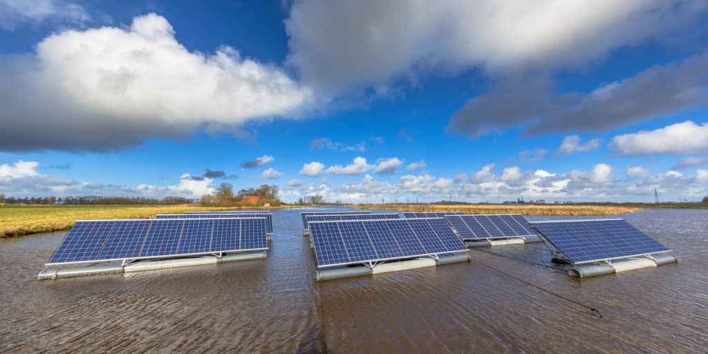 Floating solar units on water panorama